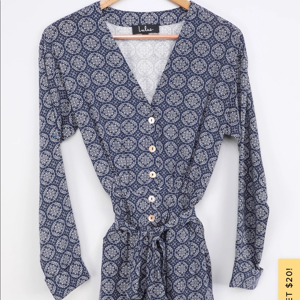 Navy Blue Print Button-Front Romper
